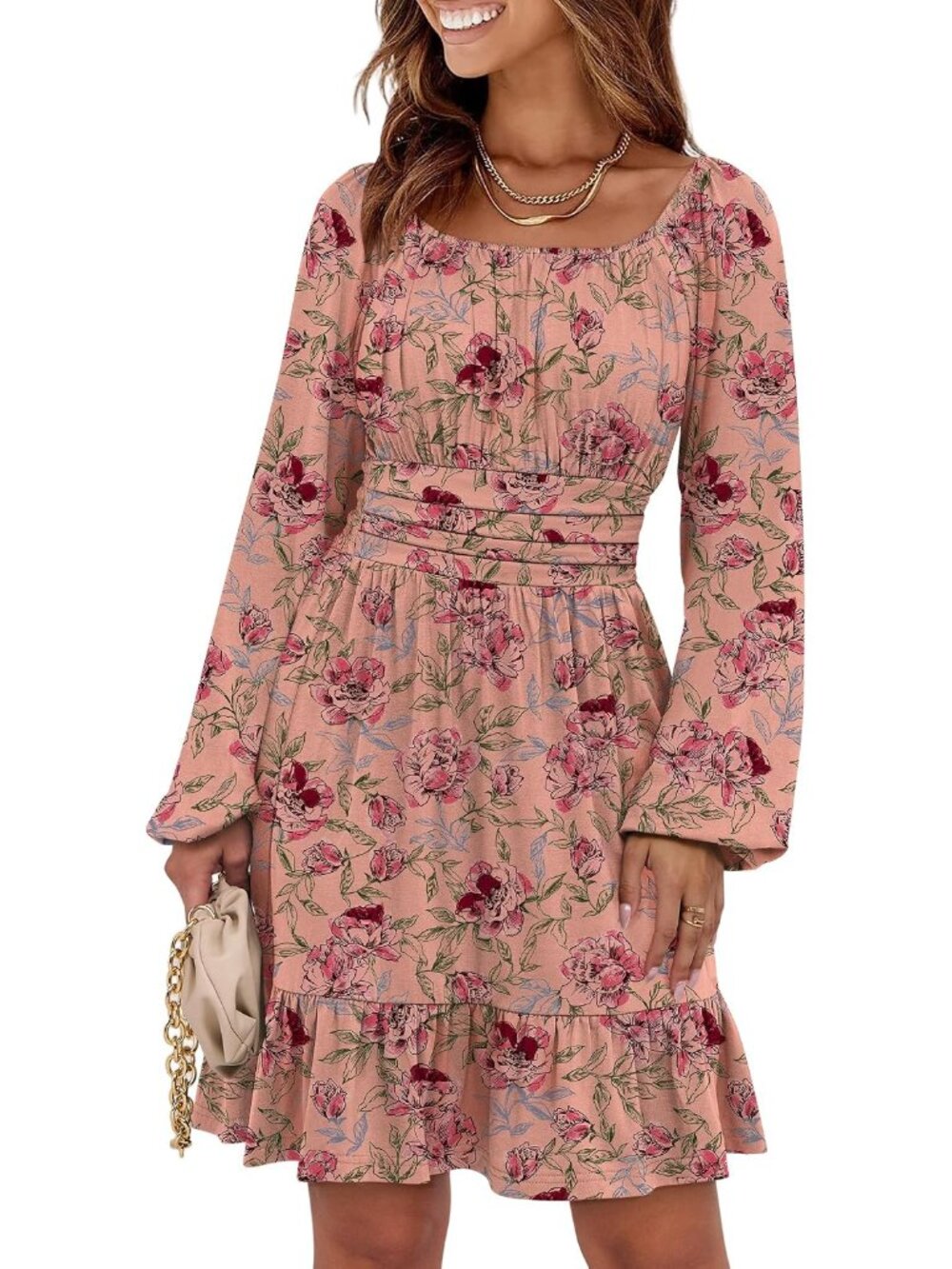 Chic Floral Long Sleeve Fall Dress with Square Neck
